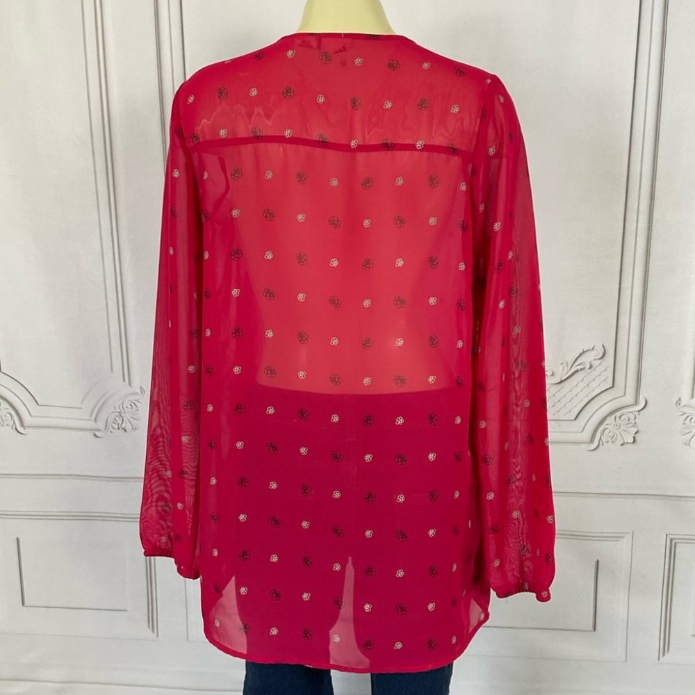 Mudd Sheer Blouse Deep V-Neck Pleated Front Pink Floral Long Sleeve Medium Top - Picture 5 of 5